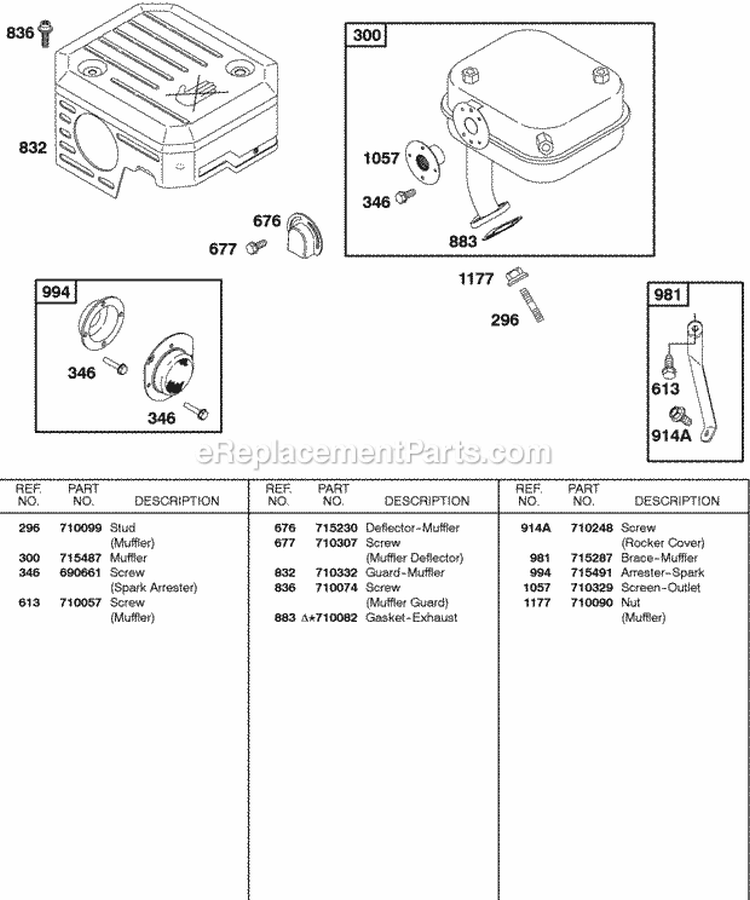 Muffler Diagram and Parts List for 085432-0230-B1  Briggs and Stratton Engine